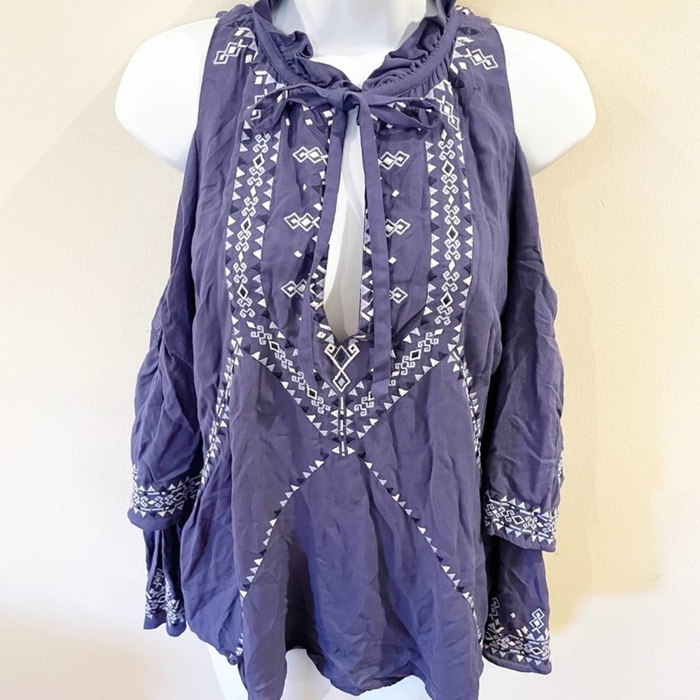 Parker Dylan Blouse Embroidered Bell Sleeve Blue S